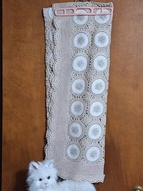 Crocheted Lace Tablecloth with Embroidered Medallions - Cream